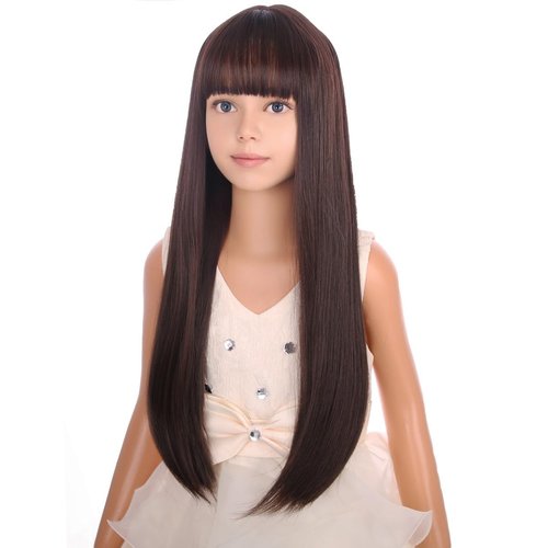 PATTNIUM Long Brown Wig with Bangs for Kids Child Mixed Brown Long Girls Wigs Girls Synthetic Cosplay Party Rose Net Wig