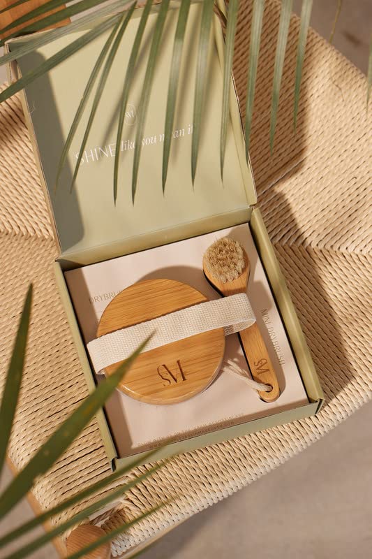 CSM Dry Brushing Body Brush Set- Natural Bristle Body Brush, Exfoliating Face Brush for Soft Skin: Kit contains 1 Dry Brush for Face + 1 Body Brush for Lymphatic Drainage, Cellulite, and Circulation