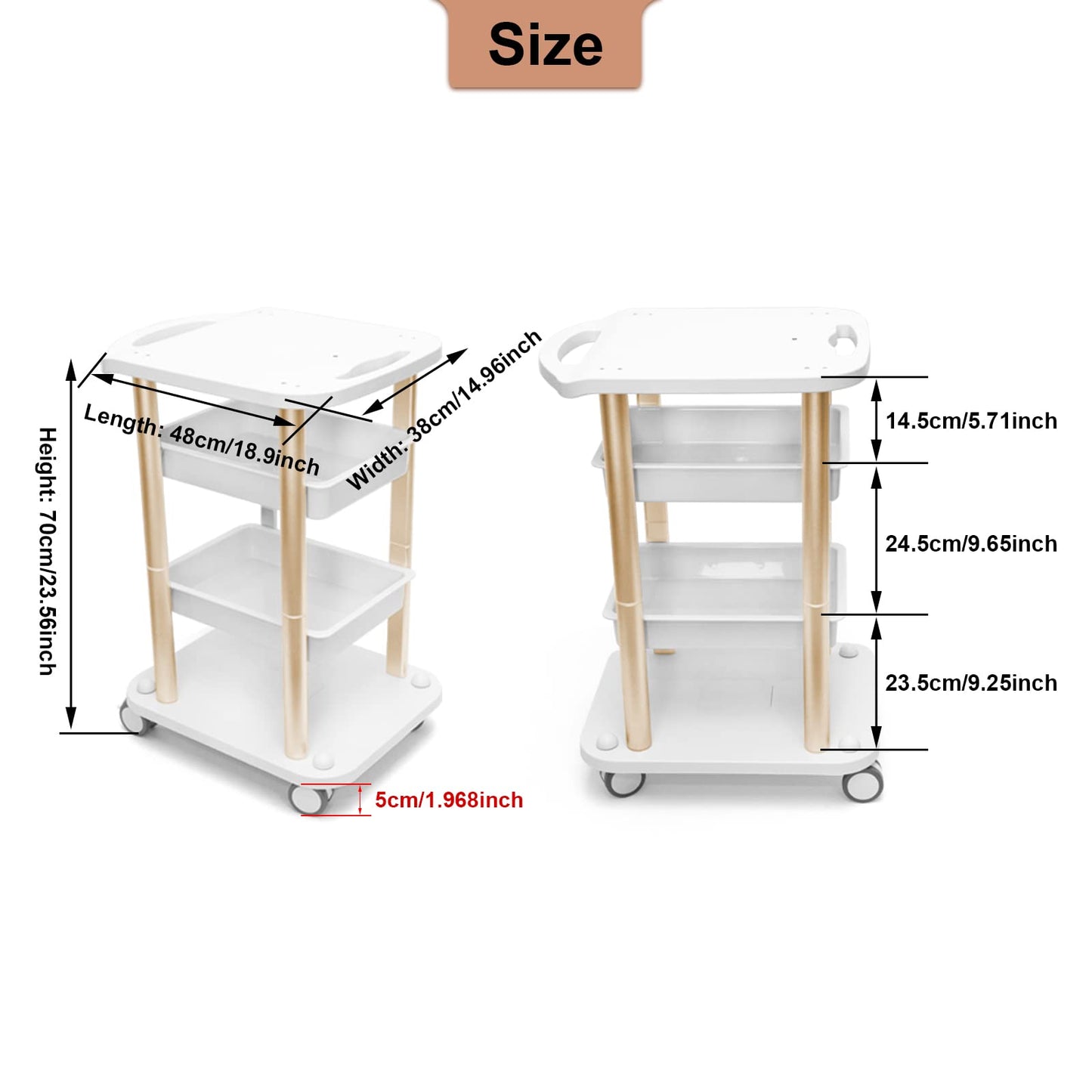 Beauty Salon Trolley Spa Styling Pedestal Rolling Cart Two Shelf ABS Aluminum Elitzia ETTROLLEY5 (Gold cart)