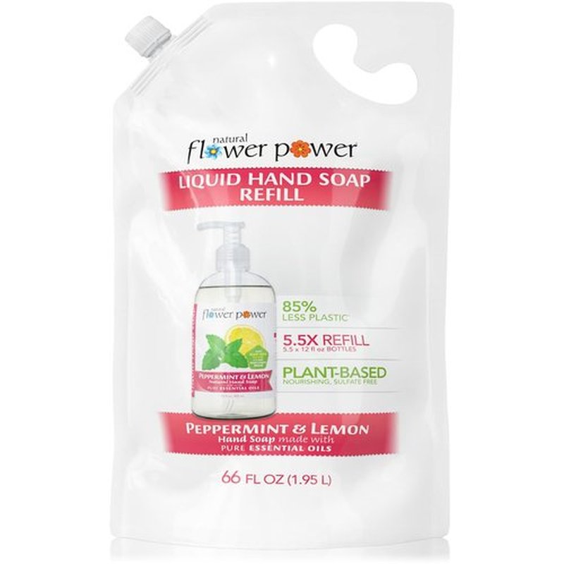 Natural Flower Power Moisturizing Liquid Hand Soap Refill – 66 Fl Oz Refill 5.5X – Plant-Based + Aloe Vera – Scented w/Essential Oils – Natural Hand Wash Kitchen + Bathroom (Peppermint & Lemon)