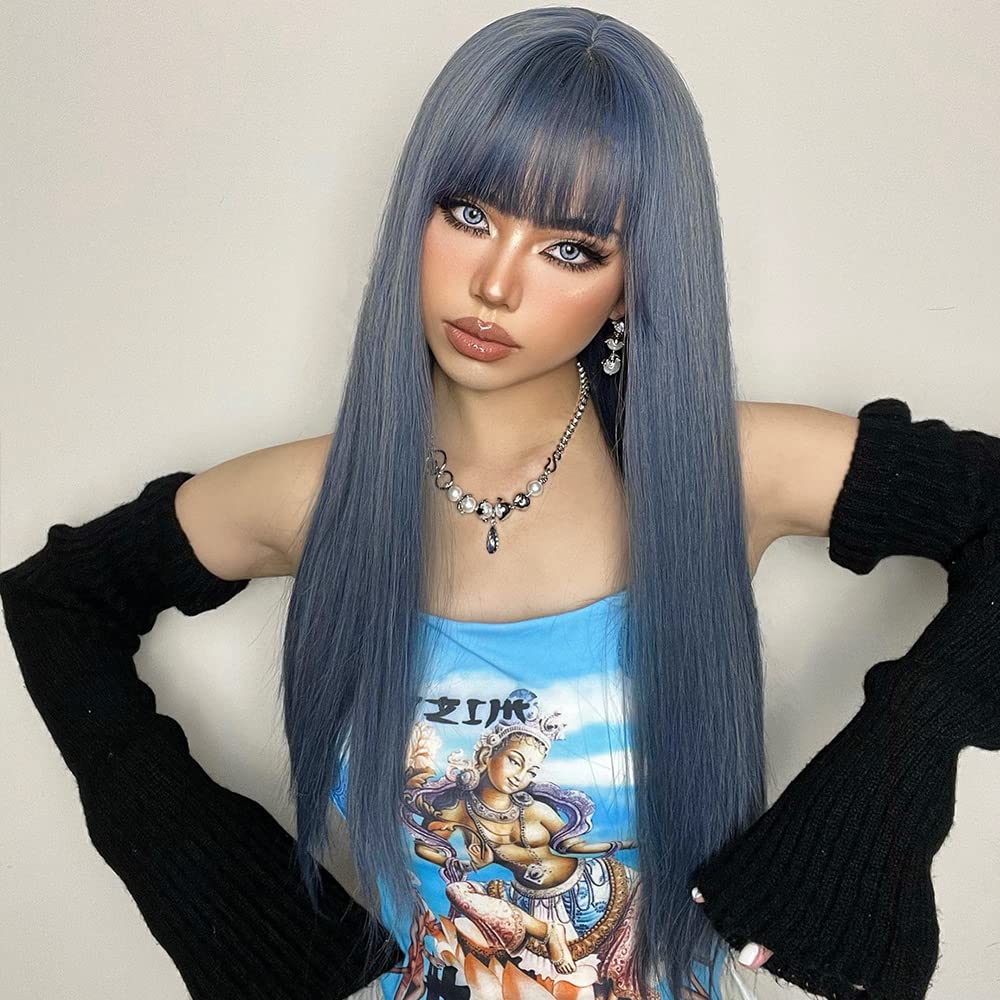 EMMOR Grey Blue Wig With Bangs For Women Long Straight Wigs Synthetic For Girls Halloween Party Cosplay And Daily Use(26" Mixed Blue)