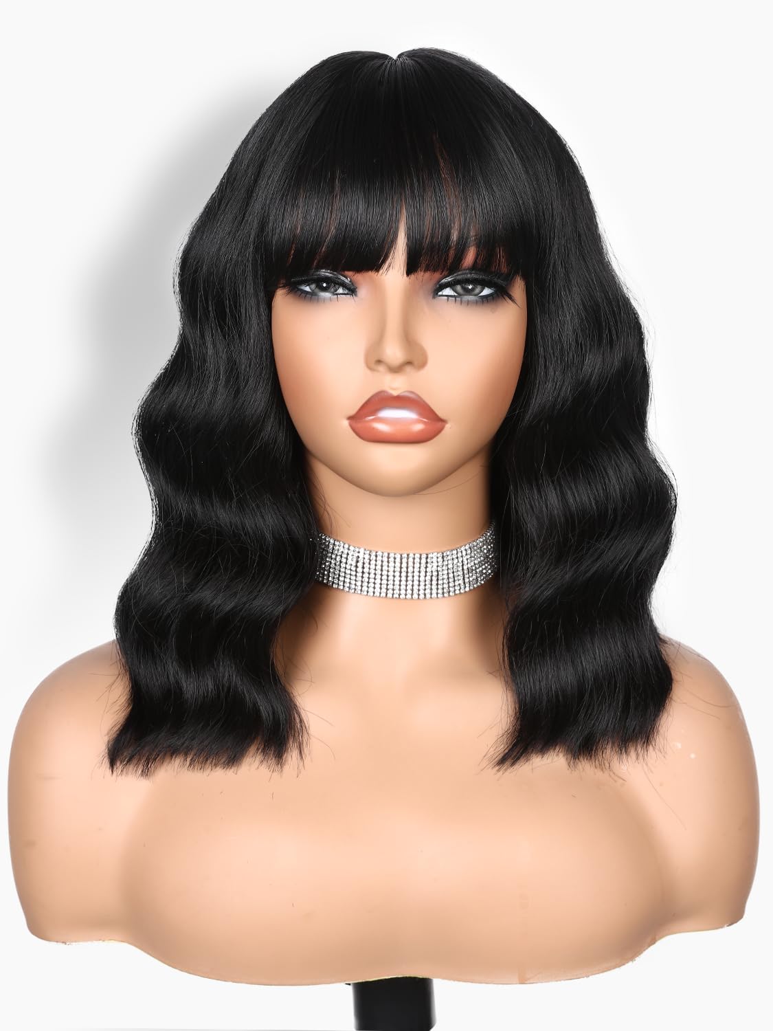 Fancy Hair Black Wavy Bob Wig for Black Women Short Wavy Wig with Bangs Glueless Wear and Go Synthetic Shoulder Length Bob for Girl Women Daily Party Use