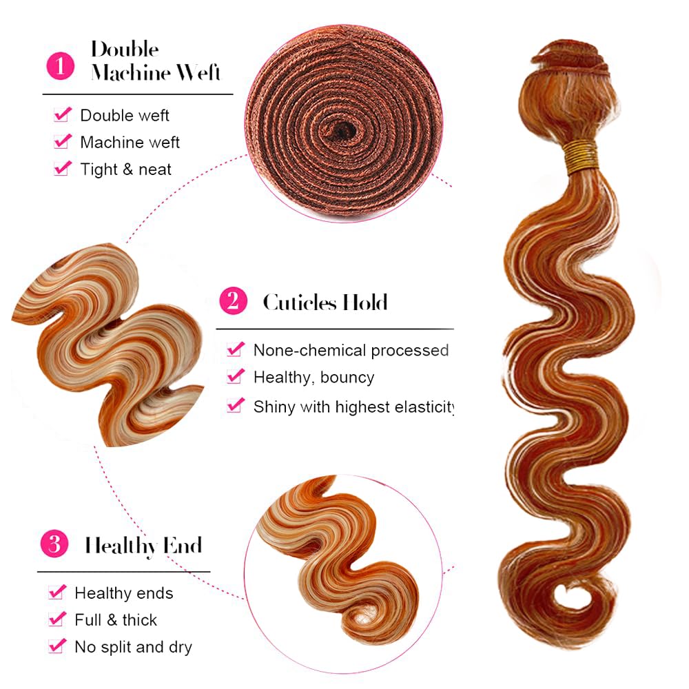 Blonde Human Hair Bundles Ginger Orange Body Wave Bundles 14 16 18 Inch Brazilian Unprocessed Hair Mixed Length 3 Bundles P350/613 Bundles Human Hair Color 350 Body Wave Bundles Hair Extensions