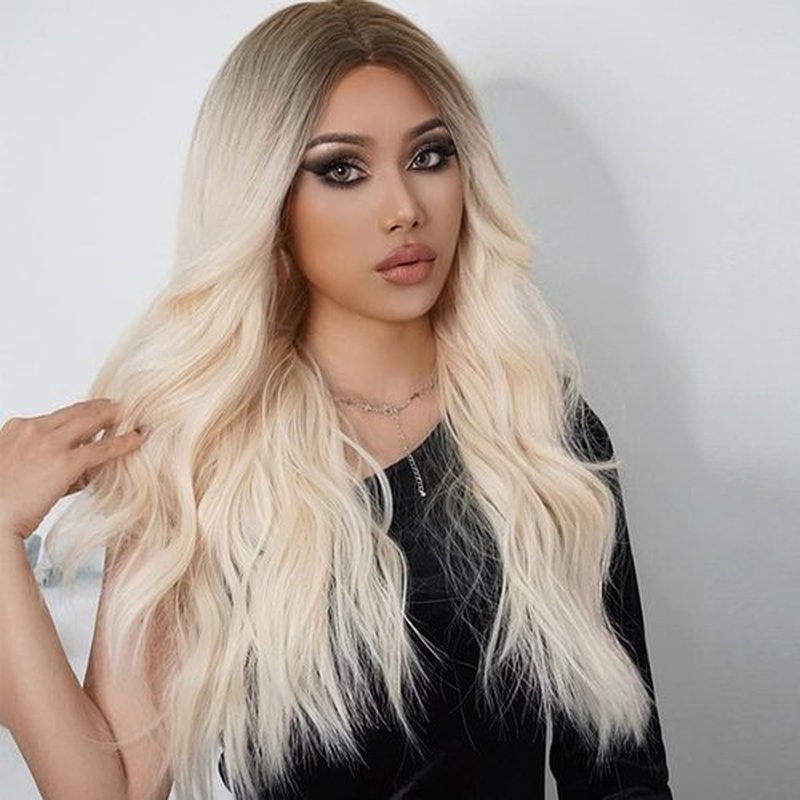 BERON Blonde Wig Long Wavy Wig Blonde Wig with Dark Roots Long Curly Wig Wig Blonde Wigs Charming Full Wigs for Cosplay Party or Daily Use Wig Cap Included