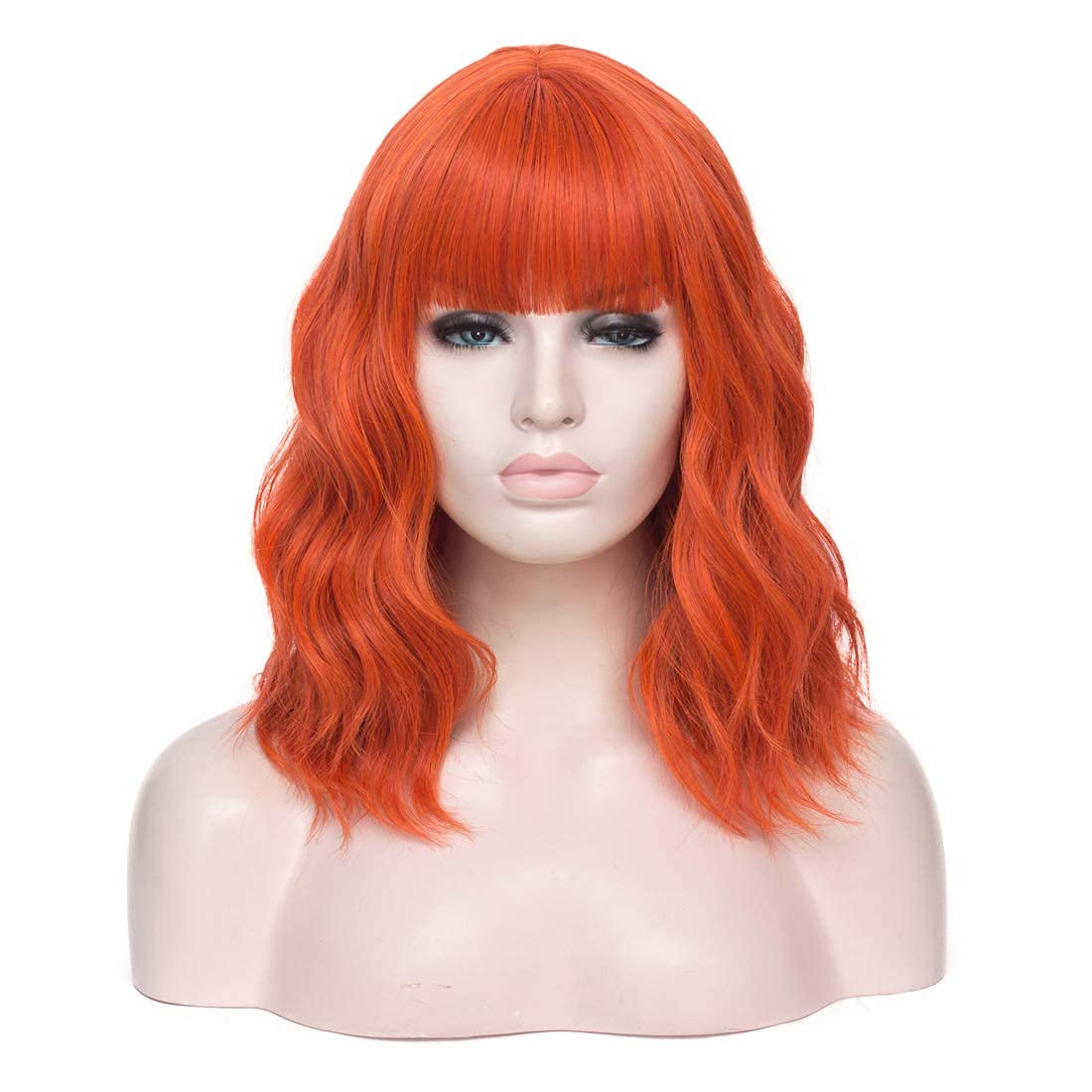 WGPFWIG Women's Light Orange Wig Short Curly Wavy Wig Shoulder Length Flat Bangs Wig For Women Girl Cosplay Party Halloween Wig Cap Included (Light Orange)
