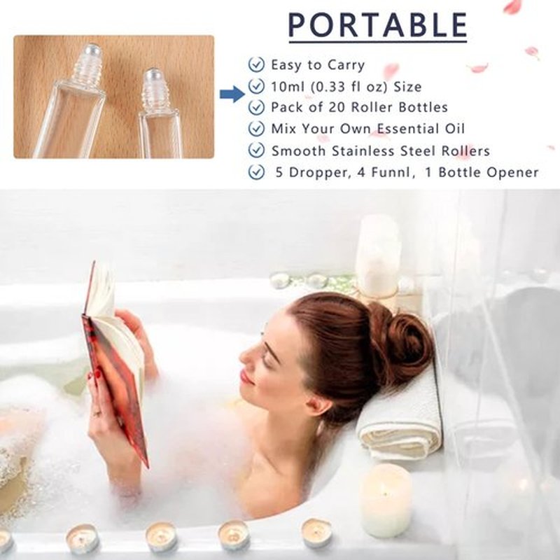 wifreo 20Pcs 10ml Glass Roll On Bottle for Essential Oils, Eco-friendly Refillable Clear Perfume Sample Bottles with Stainless Steel Roller Ball - Portable & Practical