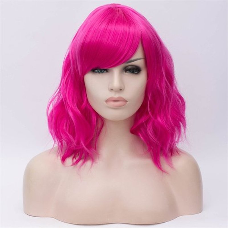BUFASHION 14" Women Short Wavy Curly Wig Pink Bob Wig Cosplay Halloween Synthetic Wigs with Side Bang Wig (Pink)