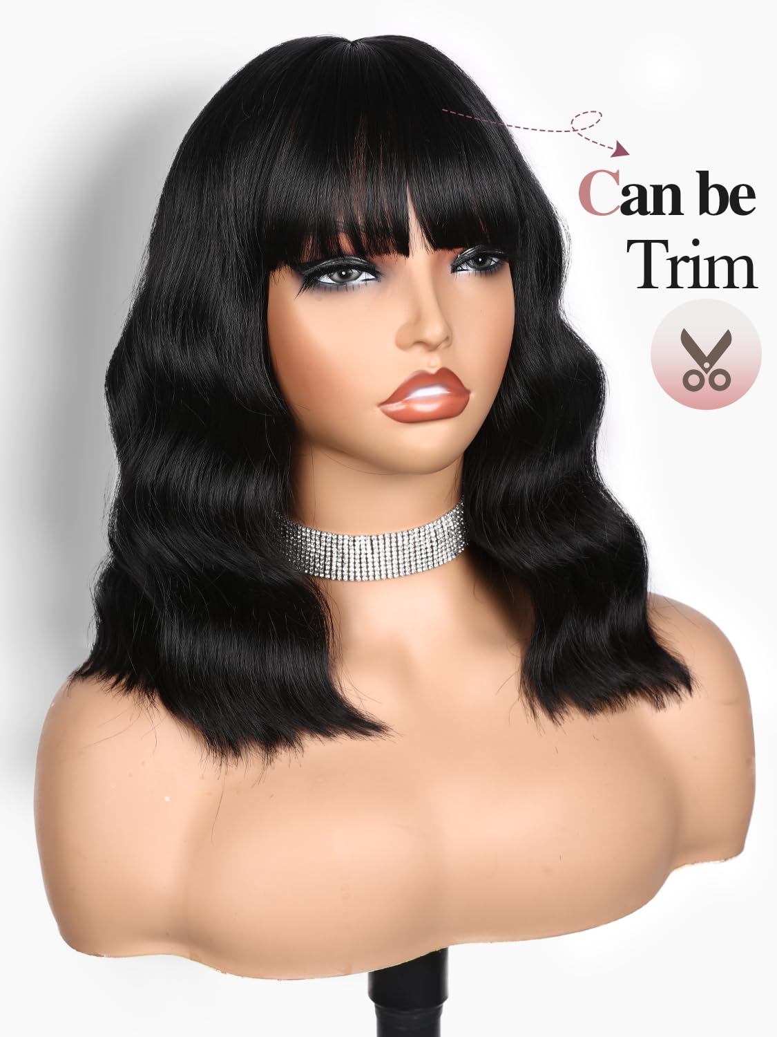 Fancy Hair Black Wavy Bob Wig for Black Women Short Wavy Wig with Bangs Glueless Wear and Go Synthetic Shoulder Length Bob for Girl Women Daily Party Use