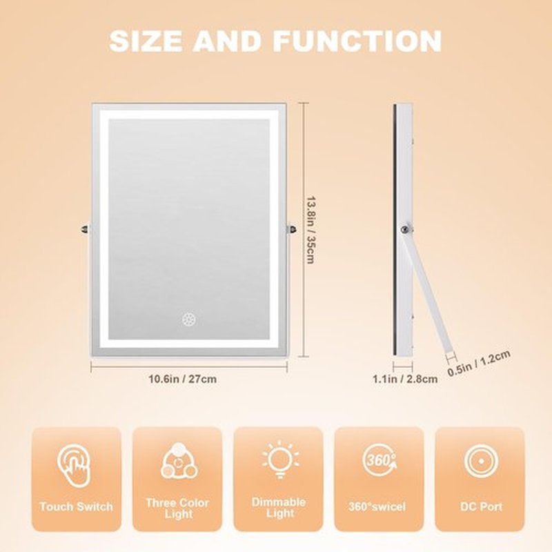 Hasipu Vanity Mirror with Lights, 10.6" x 13.8" LED Makeup Mirror with 10X Magnification, Smart Touch 3 Colors Dimmable, Brightness Adjustment, 360ยฐ Rotation, White