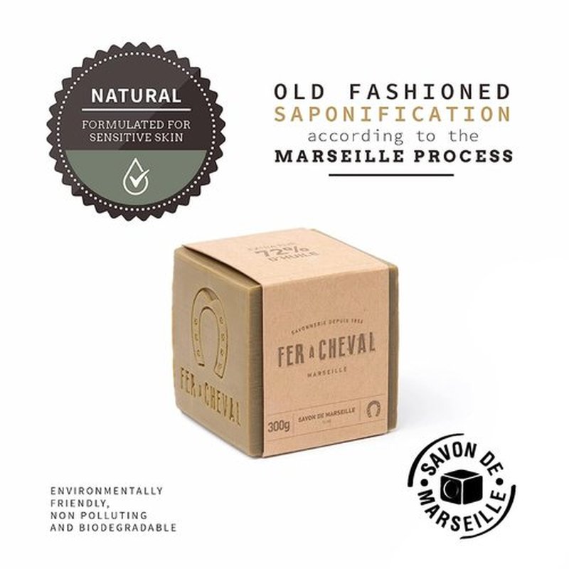 Fer à Cheval Pure Olive Authentic Savon De Marseille Soap Bar, Natural Plant-Based Savon Marseille Soap Cube with French Olive Oil Soap, 300g