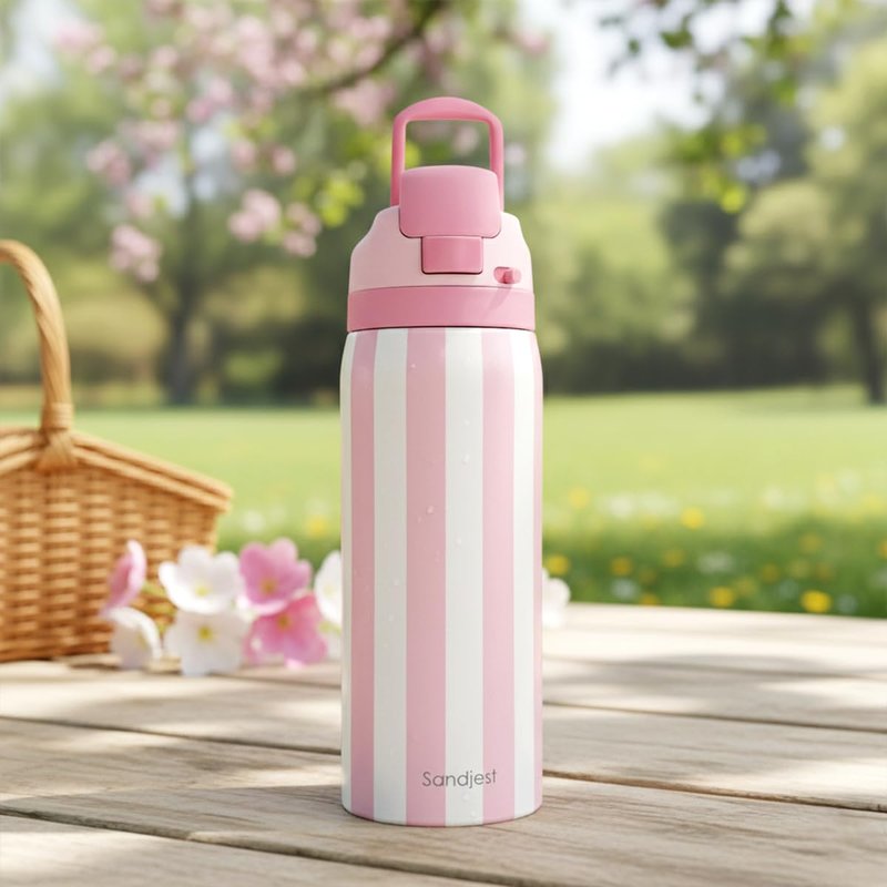 Stripe Insulated Stainless Steel Water Bottle with Straw, Push-Button Lid, 32 Ounce, Gifts for Women Girls Friends Teens Birthday Christmas (Pink)