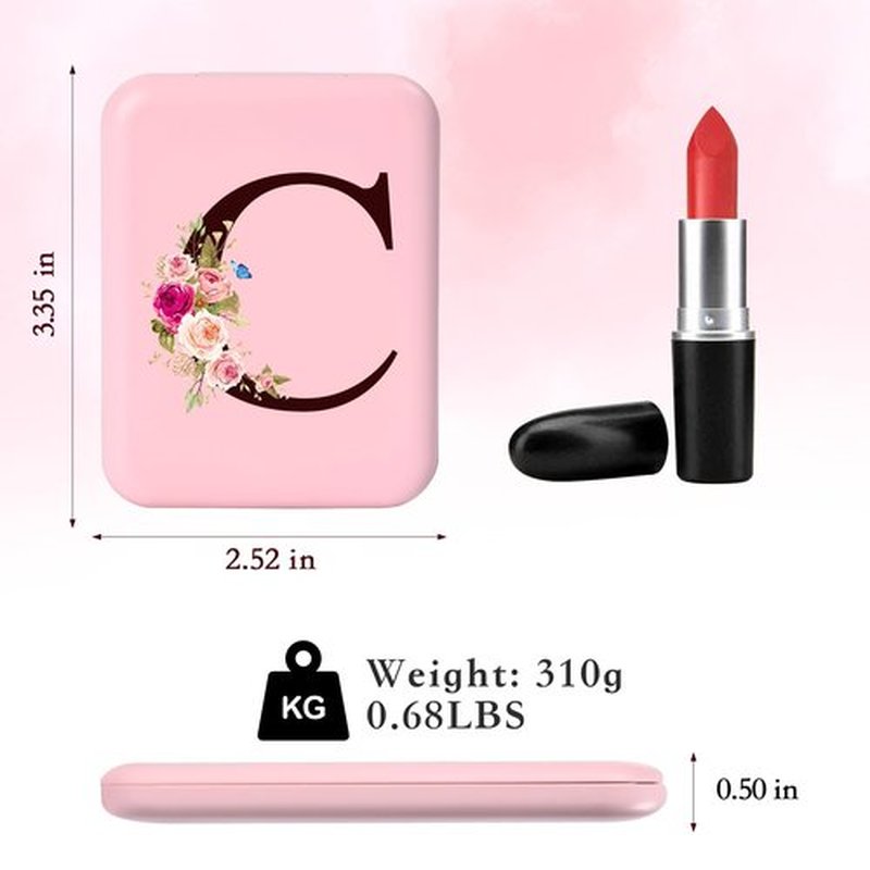 KEWWADB Travel Mirror with Lights, Initials Portable Compact Mirror, Travel Essentials, Suitable for Teen Girls, Young Women Gifts Ideas, Birthdays Gifts(Pink) (C)