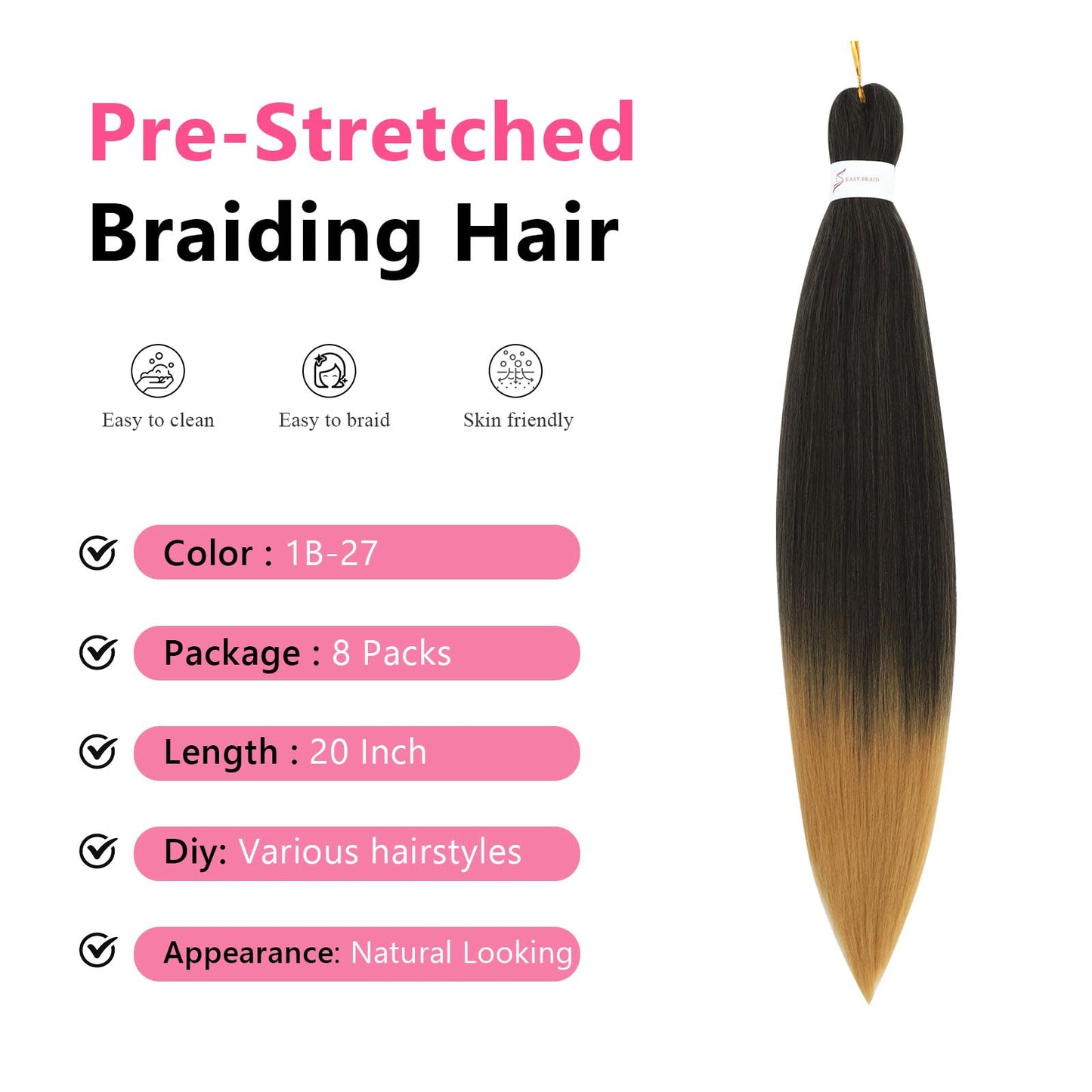 Pre Stretched Braiding Hair 20 inch 1B/27 Braiding Hair for Black Women 8Packs Crochet Boho Braiding Hair Non Toxic (20 Inch(8packs), 1B/27)