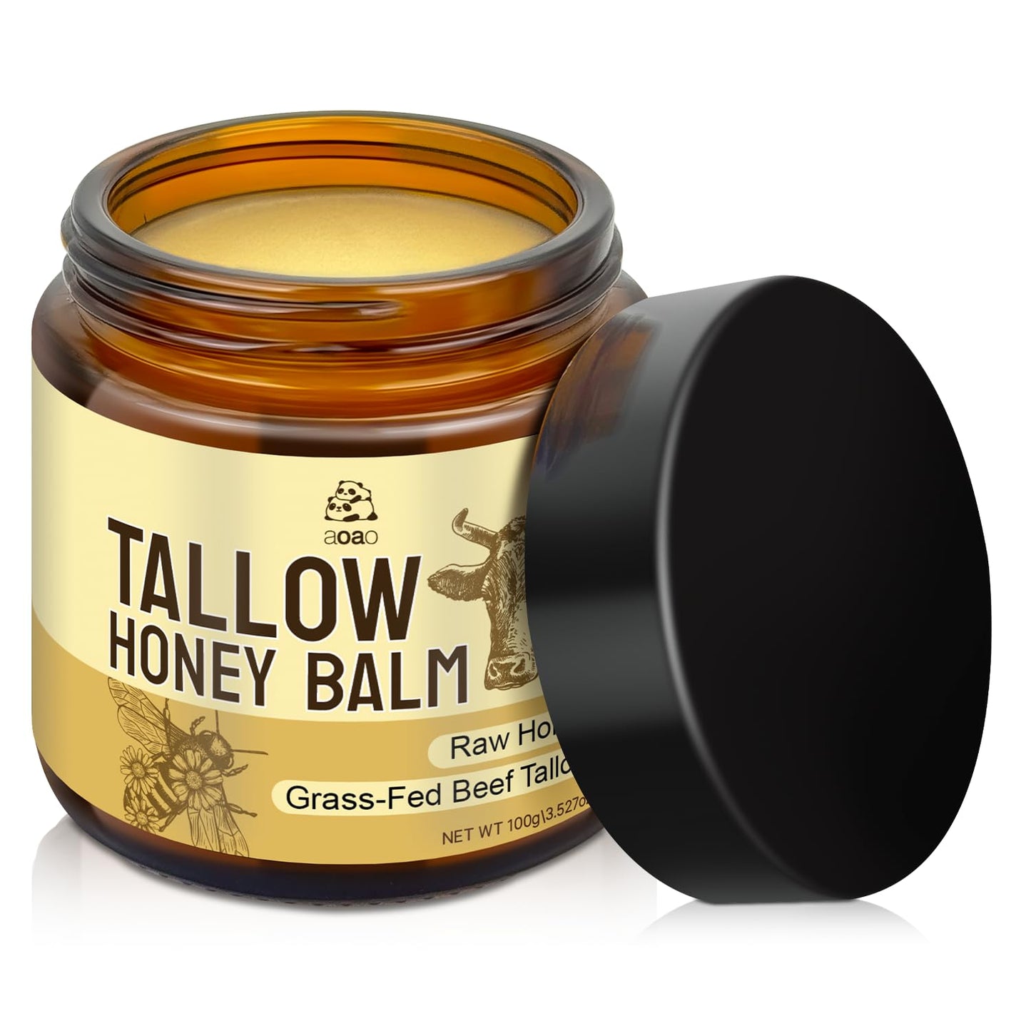 AOAO Tallow Honey Balm for Face & Body, Moisturizer with Organic Grass-Fed Beef Tallow & Raw Wild Honey, Not Diluted, Natural Hydration, Soothes & Nourishes Dry, Sensitive skin, 3.53oz