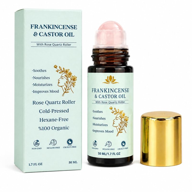 Organic Castor Oil Roll On with Rose Quartz Roller Ball, Made with 100% Pure Cold Pressed Castor Oil, Hexane Free Skin Care Oil with Frankincense for Face, Under Eyes, Brows & Lashes, 3.4 Fl Oz