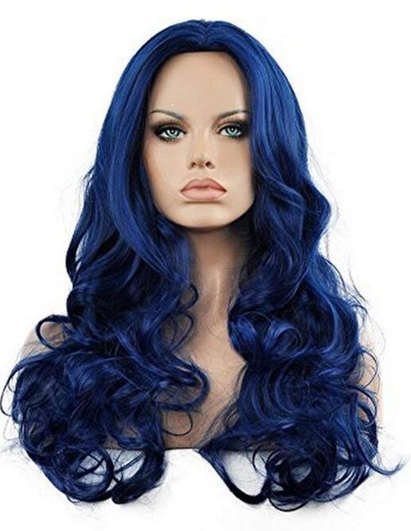 Kaneles Blue Wigs for Women Long Curly Wavy Soft Heat Resistant Synthetic Fiber Party Cosplay Accessories Wigs(Blue)