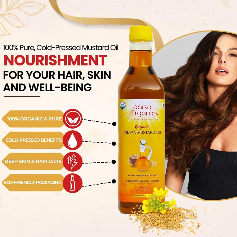 Darsa Organics Mustard Oil for Hair Growth, Skin and Massage, 33.8 oz (1000ml), USDA Organic Cold Pressed Mustard Seed Oil, Pure and Unrefined, Rich in Vitamin E and Omega 3