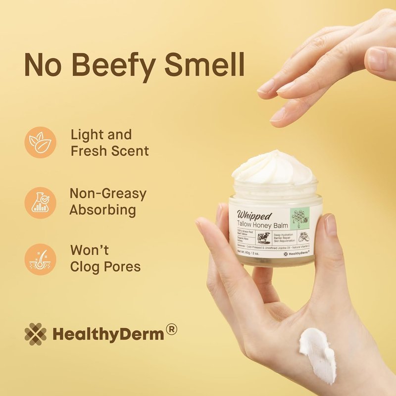 Beef Tallow Honey Balm for Skin: 100% Grass Fed Whipped Organic Moisturizer with Organic Raw Honey, Jojoba Oil, Vitamin E – Natural Face and Body Care for Mature, Dry or Sensitive Skin, 4oz