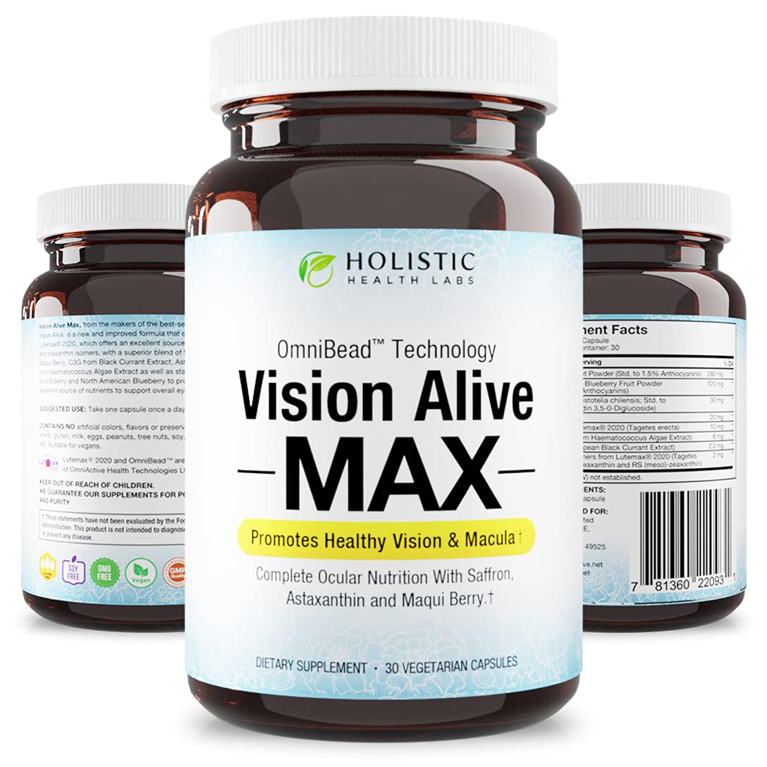 Holistic Health Labs Vision Alive Max with 8 Natural Ingredients Lutemax® 2020, Bilberries, Blueberries, c3g from Black Currant, Maqui Berry, Saffron, and Astaxanthin (30 Count (Pack of 1))
