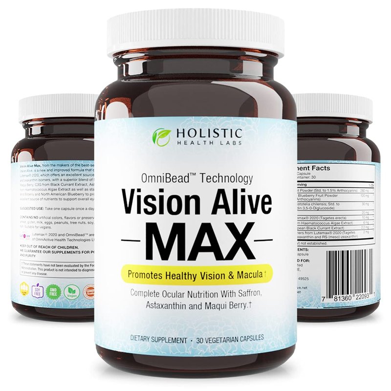 Holistic Health Labs Vision Alive Max with 8 Natural Ingredients Lutemax® 2020, Bilberries, Blueberries, c3g from Black Currant, Maqui Berry, Saffron, and Astaxanthin (30 Count (Pack of 1))