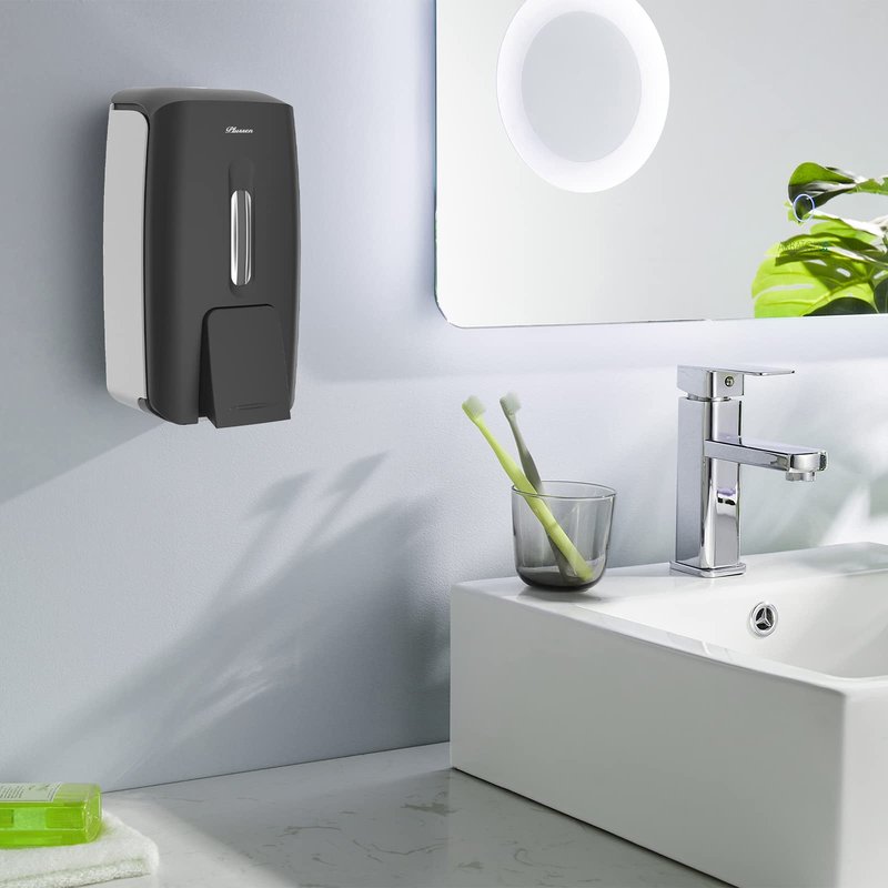 PLUSSEN Soap Dispenser Wall Mount Adhesive Commercial Soap Dispenser 800ml No Drill Hand Sanitizer Dispenser for Bathroom Support Liquid and Gel,Black-PN9088