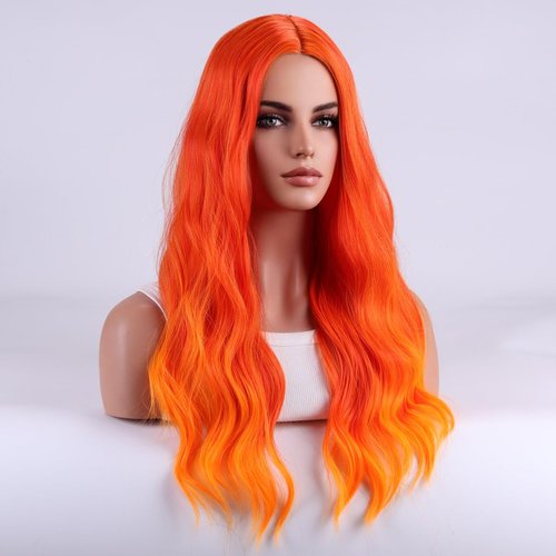 PATTNIUM Orange Ombre Wig Flame Fire Wig Long Curly Wavy Ombre Orange Wig for Women Girls Synthetic Heat Resistant Wig with Wig Cap