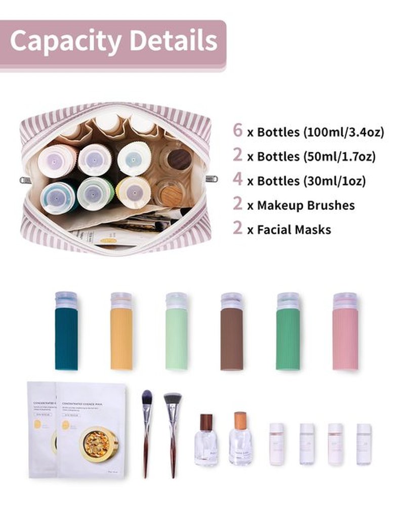 Narwey Striped Makeup Bag Travel Cosmetic Bag Organizer Toiletry Bag Make Up Bags with Compartments for Women (Large, Dusty Rose Stripe)
