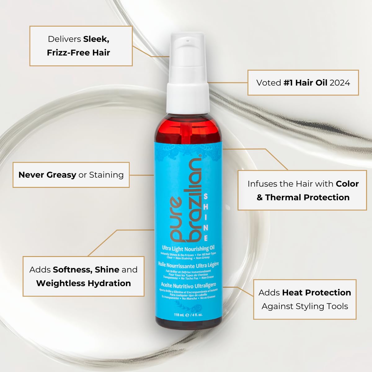 Pure Brazilian Shine Ultra Light Nourishing Oil with Brazilian Nut Oil for Smooth, Glossy & Frizz-Free Hair, Deep Hydration & Brilliant Shine, 4 Fl Oz