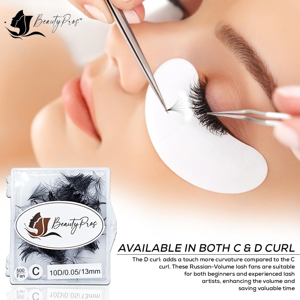 BeautyPros Professional Lash Extension Kit – Faux Mink Bundle 500 Lash Fans (8-17mm)- Premade Loose Fans base (0.05mm & 0.07mm) -Volume Lash Extensions Multiple Selection -Black (5D D Curl Wispy 12mm)