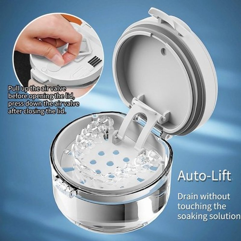 Denture Bath Cup with Strainer Brush, 2 in 1 Leak Proof Portable Soaking Denture Case Retainer Case Mouth Guard for Dentures and Braces(White)
