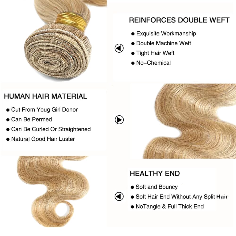 Honey Blonde Body Wave Bundles Human Hair P27/613 Bundles 8 10 12 Inch Two Tone Blonde Bundles Human Hair Brazilian Remy Hair for Black Women