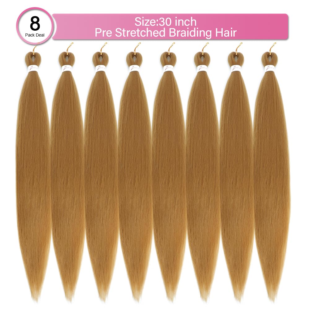 27 Honey Blonde Braiding Hair Pre Stretched 27 Braiding Hair Prestretched Braiding Hair Professional Honey Blonde Hair for Braiding Synthetic Box Braids Crochet Braids Hair Yaki Texture(30Inch,8packs)