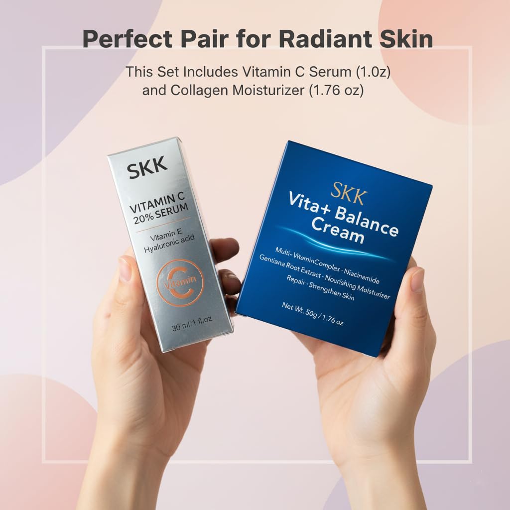 Vitamin C Serum & Collagen Face Cream Set for Face, 2-Step Skincare