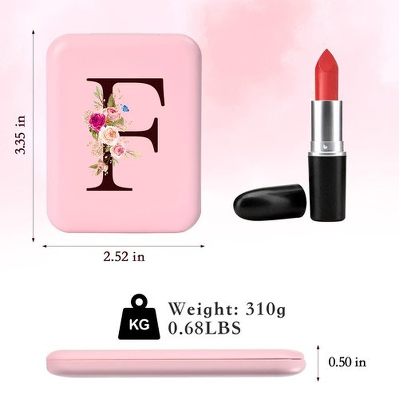 KEWWADB Travel Mirror with Lights, Initials Portable Compact Mirror, Travel Essentials, Suitable for Teen Girls, Young Women Gifts Ideas, Birthdays Gifts(Pink) (F)