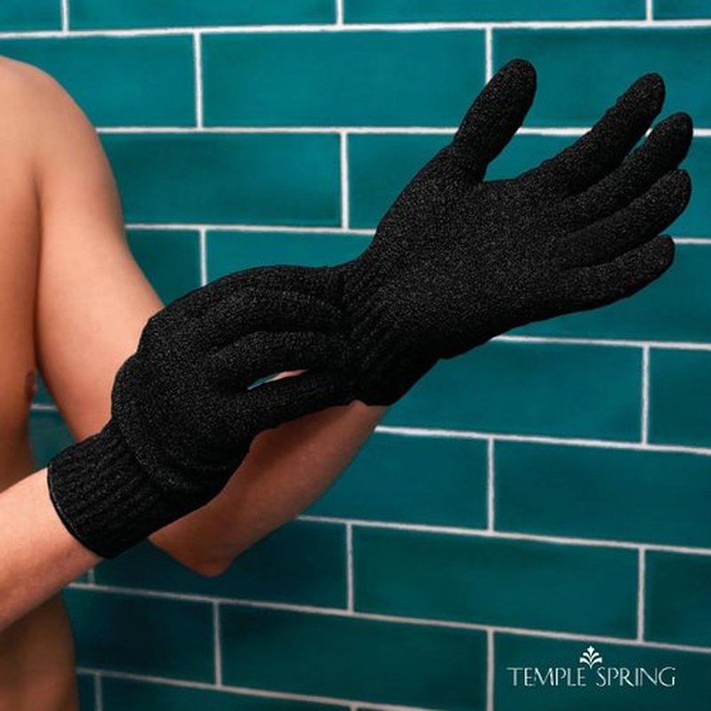 Temple Spring Exfoliating Gloves - Rayon Bamboo Bath/Shower Gloves, Bath Gloves for Shower Exfoliating and Ingrown Hair/Dead Skin Remover - Exfoliator Mitt Scrub Gloves - XL BLACK