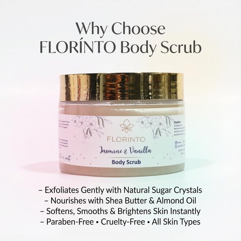 FLORÍNTO Body Scrub – Exfoliating & Moisturizing Sugar Scrub with Shea Butter, Natural Oils & Vitamin E – Soft, Smooth & Glowing Skin – 350 g (Rose)