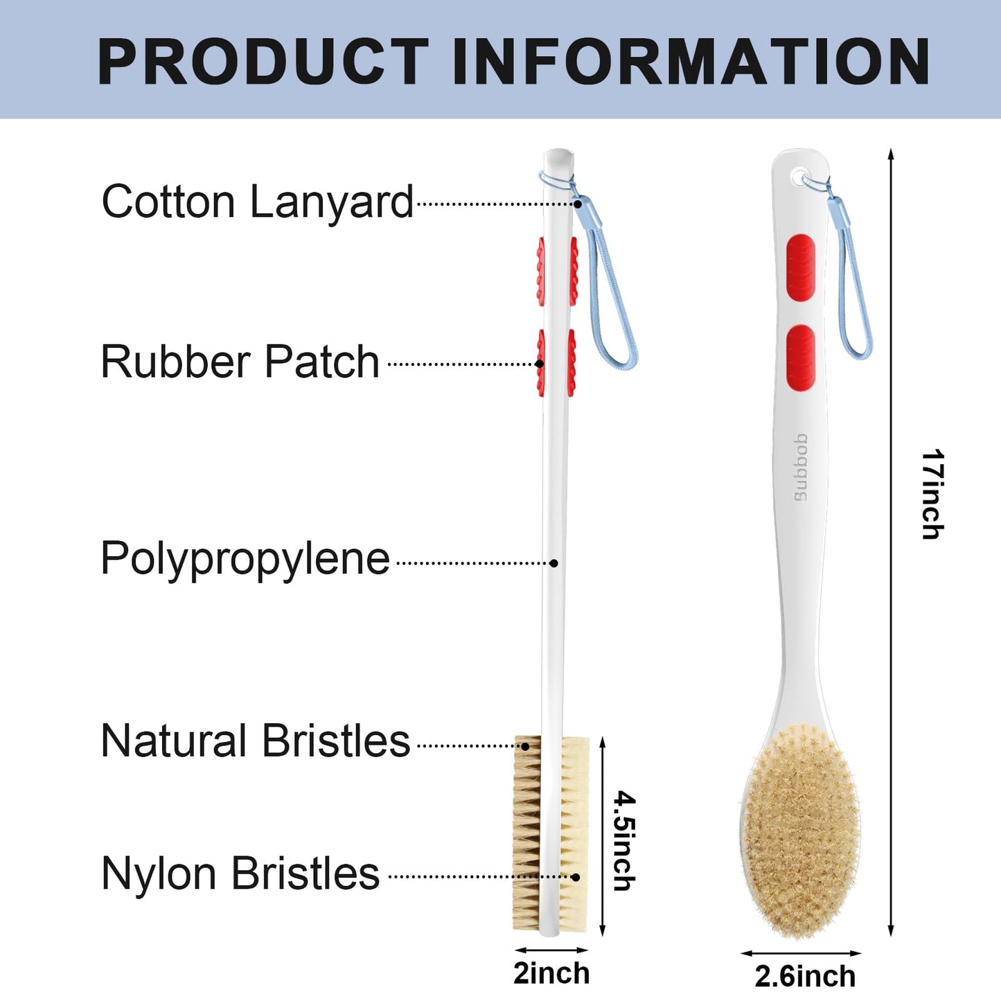 Bubbob Back Scrubber, Back Scrubber for Shower, Bath Brush Long Handle for Shower with Double Sided Bristles for Wet or Dry Brushing (Red)