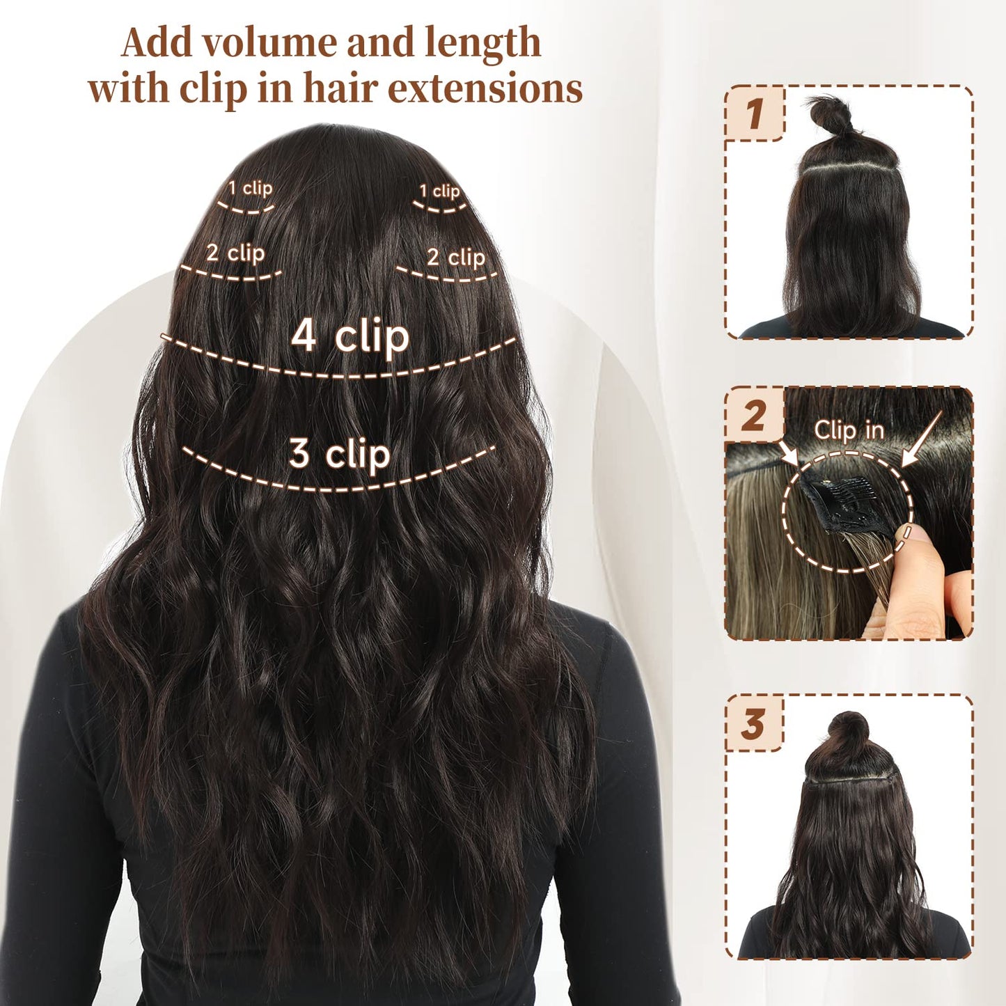 Fliace Clip in Hair Extensions, 6 PCS 1 6 Inch Hair Extensions Clip Ins, Dark Brown Long Wavy Hairpieces(16inch, 6pcs, Dark Brown)