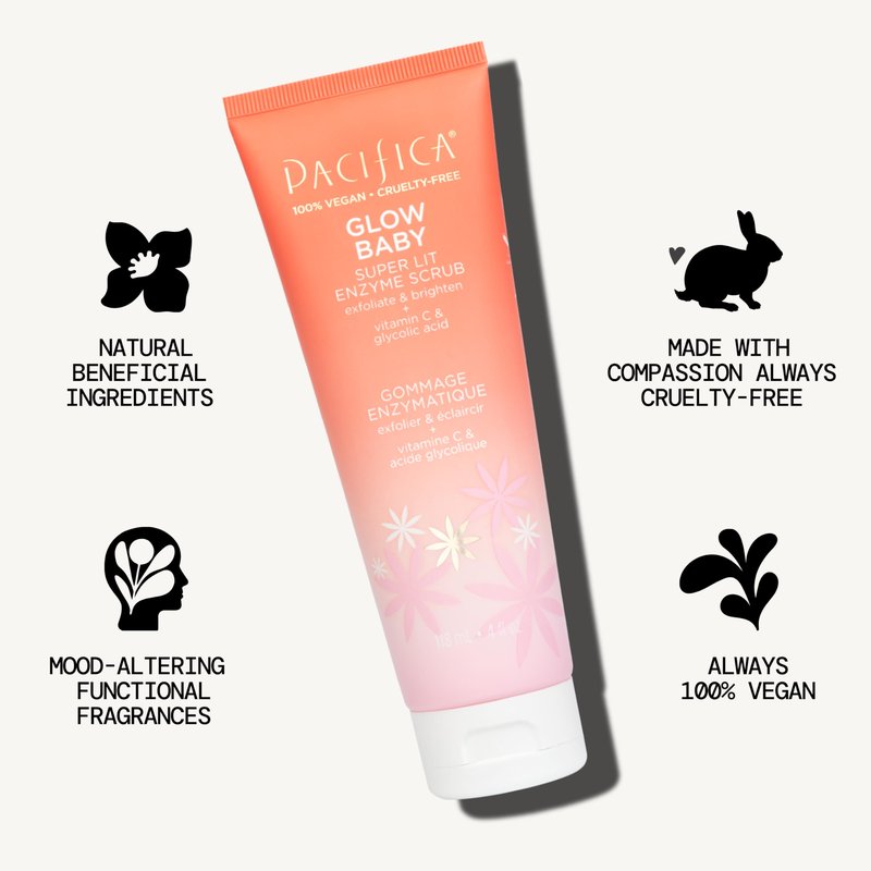 Pacifica Glow Baby Exfoliating Face Scrub, Brightening Enzyme Facial Cleanser w/Vitamin C & Glycolic Acid for Radiant Smooth Skin, Unclogs Pores & Removes Dead Skin, Microbead-Free Vegan (4 fl oz)