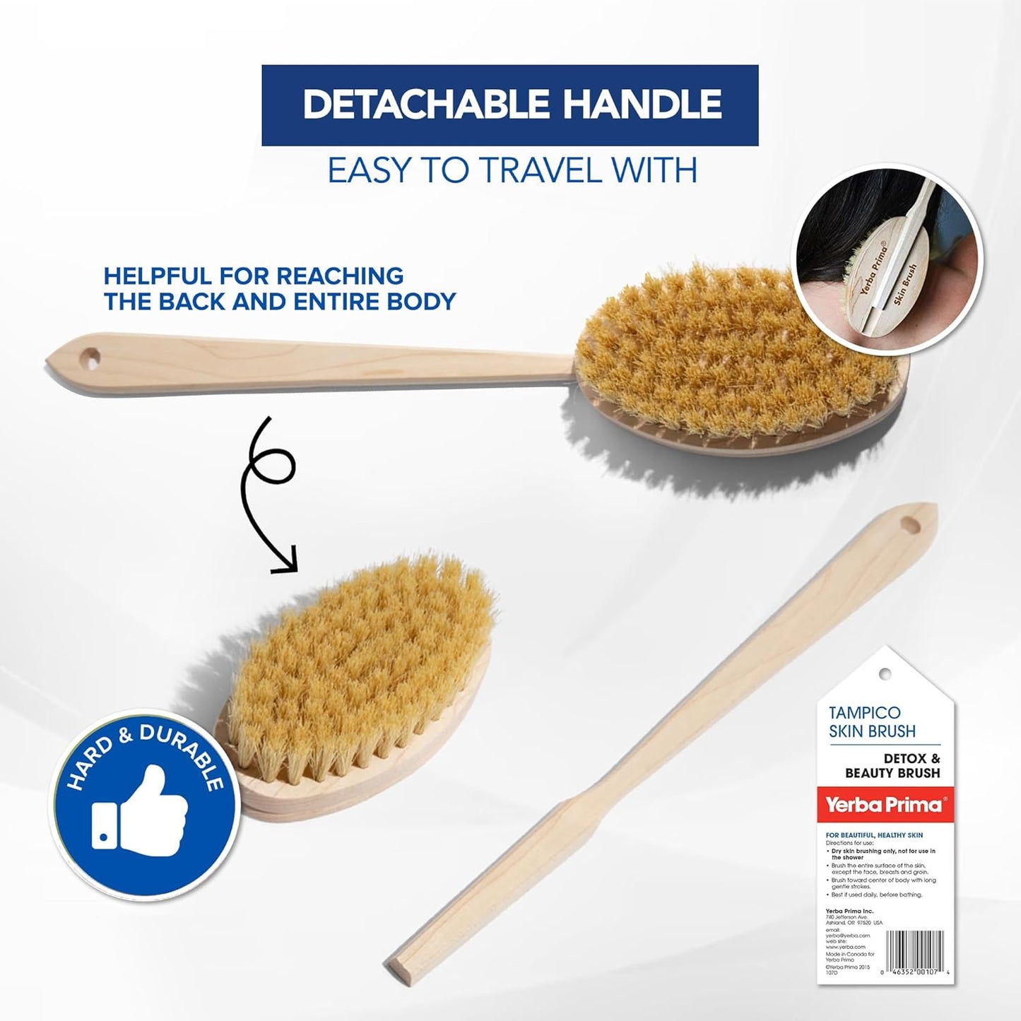 Yerba Prima Tampico Skin Brush (Pack of 2) - Natural Vegetable Fiber Bristles for Dry Skin Brushing