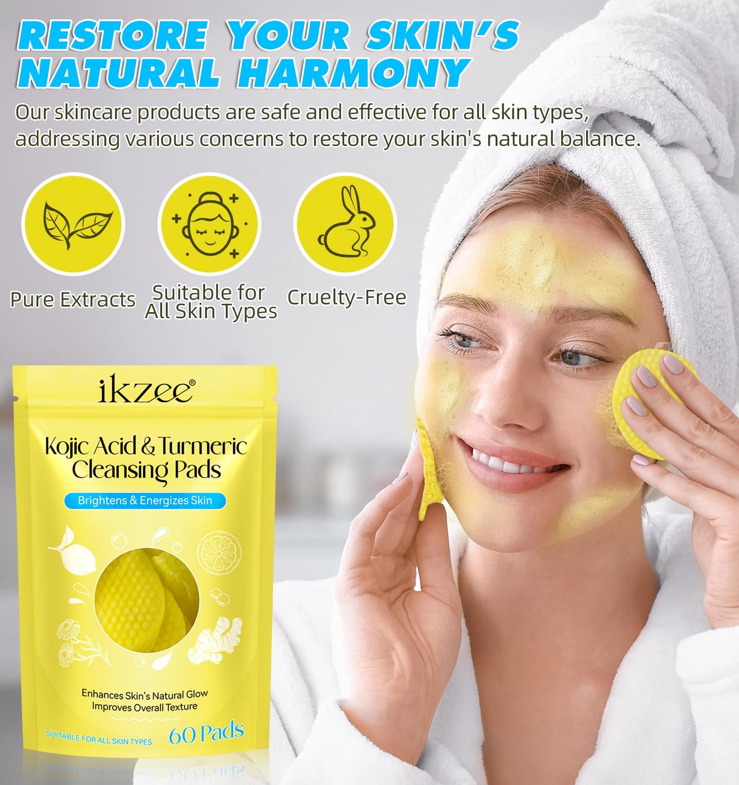 Turmeric Kojic Acid Pads, 60 kojic acid and Turmeric Cleansing Pads, Turmeric Cleansing Pads for Dark Spots, Exfoliating Turmeric Pads Suitable for all Skin Types (1 Count (Pack of 1))