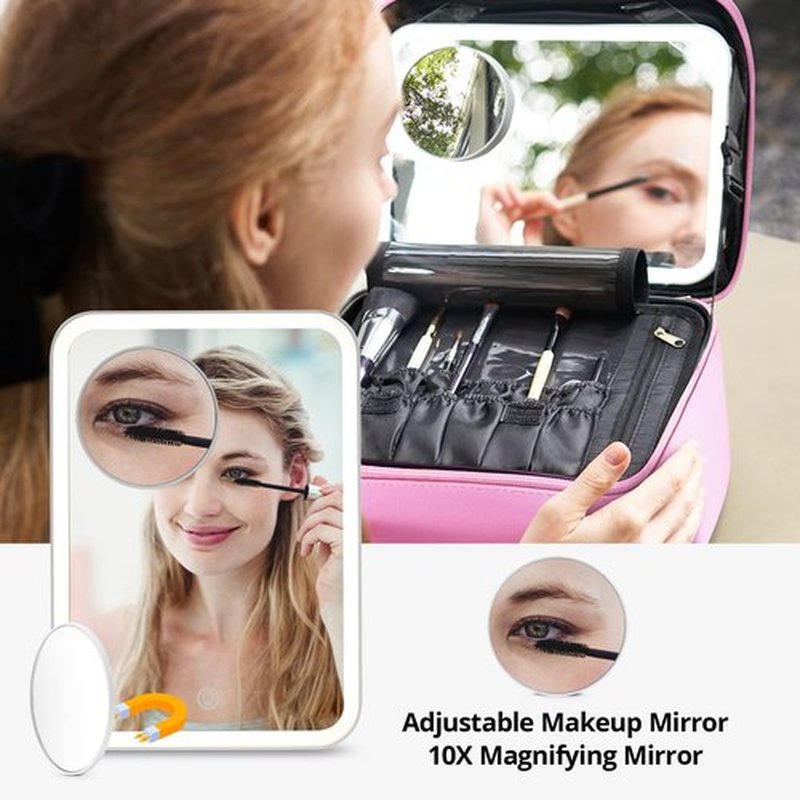 Omobolanle Makeup Bag with Mirror Led Light Detachable Portable Make up Travel Train Case with Adjustable Dividers and 10x Magnifying Mirror Pink