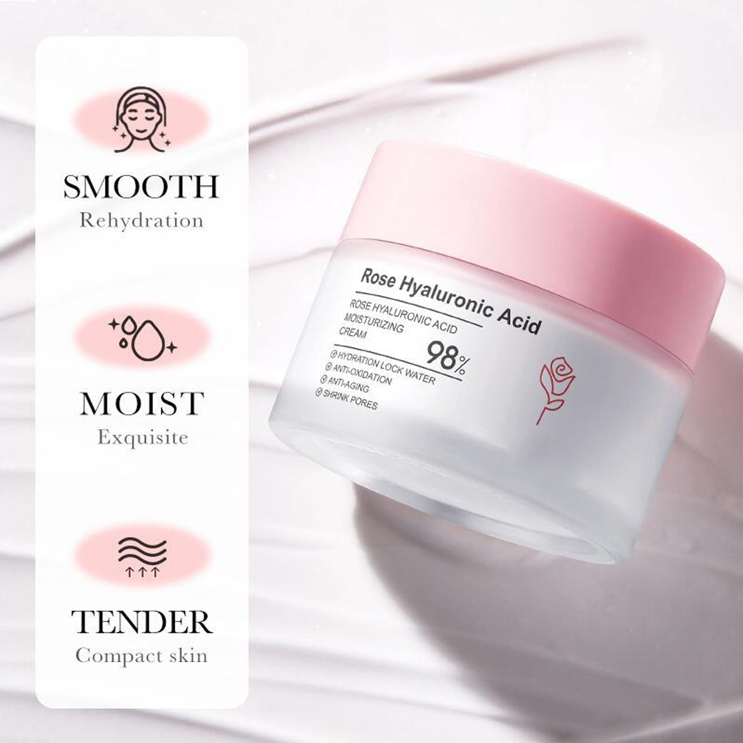 Rose Day Face Cream with Natural Rose Oil, Rose Moisturizing Cream with Hyaluronic Acid, Moisturizing and firming Face Cream, Rose Water Revitalizing Day Cream, Face Moisturizer for dry skin