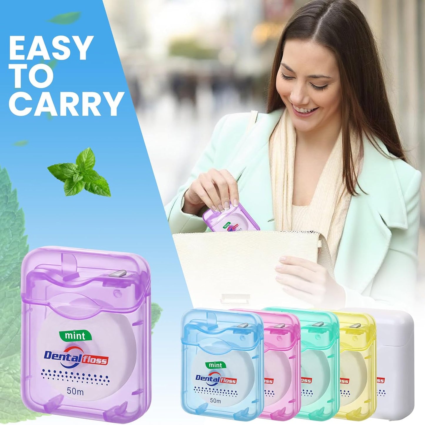 72 Pack Dental Floss - Mint Flavored Waxed Oral Care for Teeth Protection | 50m Each, Multicolor