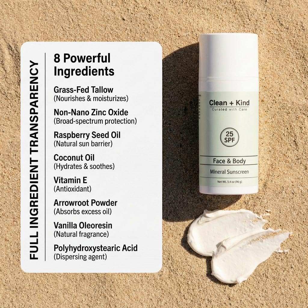 Clean + Kind Organic Beef Tallow Sunscreen SPF 25 Zinc Oxide Vanilla Travel