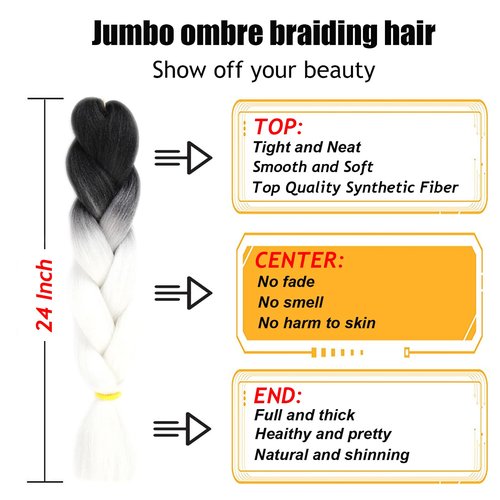 TENGSHUO FLY Black to White Braiding Hair 6 Packs Synthetic Braid Hair Extensions Jumbo Ombre Braiding Hair 24 Inch or Box Braids Twist Crochet Braids(24"6Pack,Black to White)