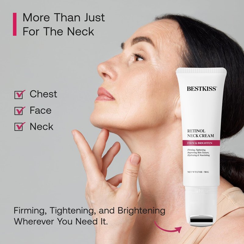 Bestkiss Neck Cream for Tightening and Firming: Hydrates, Lifts & Smoothes with Cooling Massaging Roller Applicator - with Retinol, Niacinamide & Hyaluronic Acid for Face, Neck & Chest, 1.7 OZ/50g