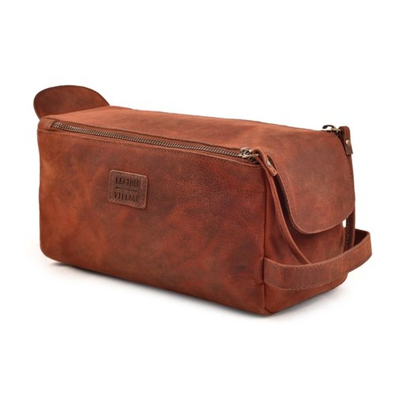 LEATHER VILLAGE Premium Leather Travel Toiletry Bag - Unisex Water-Resistant Travel Dopp Kit, Shaving & Cosmetic Organizer for Men & Women - Compact Bathroom Essentials - Red Brown