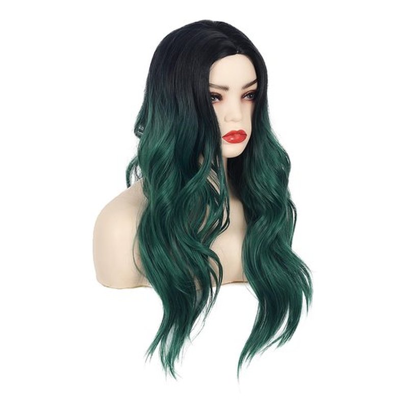 Wiwige Long Curly Wavy Ombre Green Wigs for Women Synthetic Natural Middle Part Daily Party Halloween Cosplay Wig with Wig Cap 21"