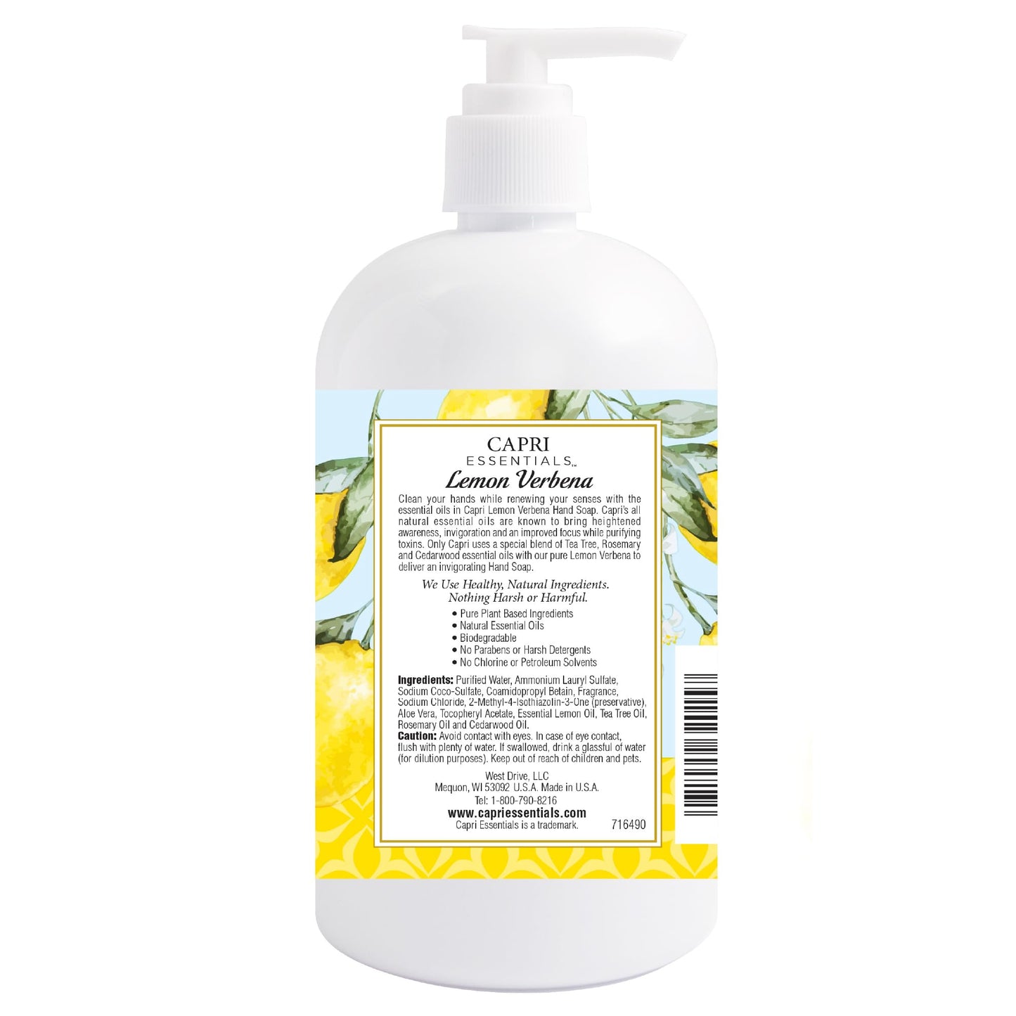 CAPRI ESSENTIALS Hand Soap Liquid, Natural Household Cleaning Supplies, Gentle Plant Based Aromatic Hand Wash with a Blend of Essential Oils, Removes Dirt & Grime, Lemon Verbena Scent, 16 FL Oz